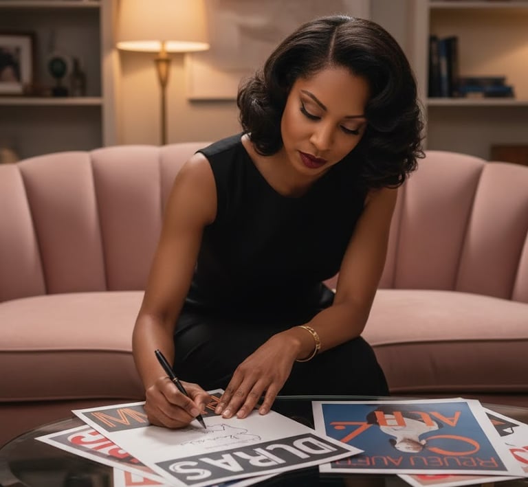 Ruby Mae Davenport seated on a sofa, thoughtfully writing and reviewing creative work in a calm, int