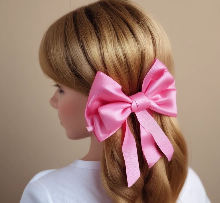 Un gran lazo de pelo de satén rosa sujeto al cabello