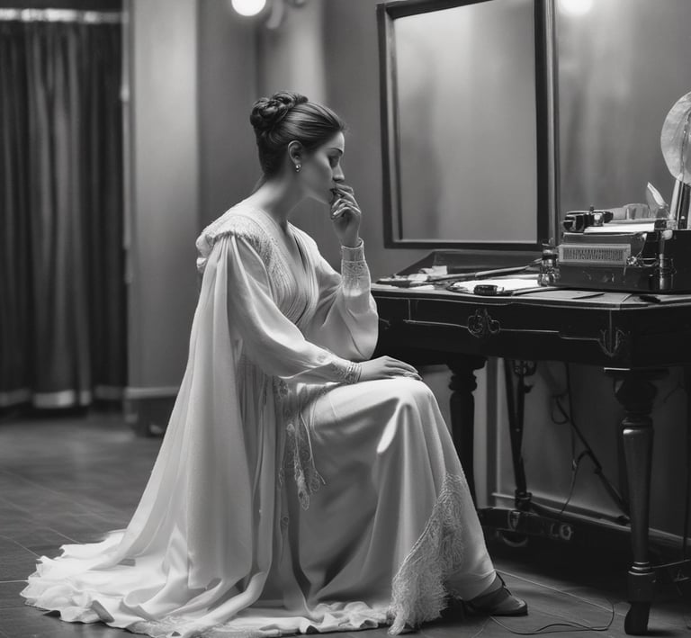 A quiet moment of reflection as a performer prepares backstage, highlighted by blue and white tones.