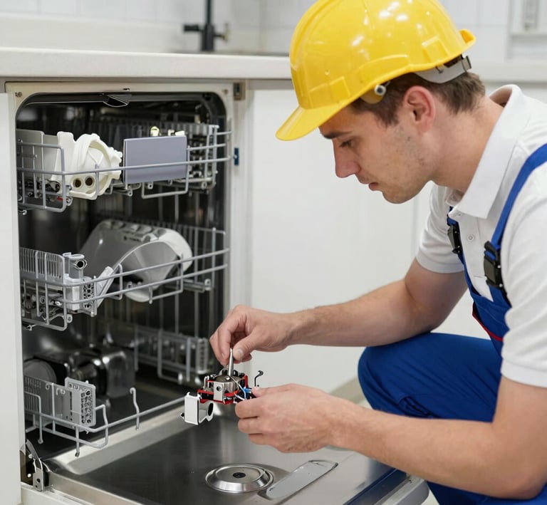 Close-up of hands fixing dishwasher wiring with tools on a workbench.