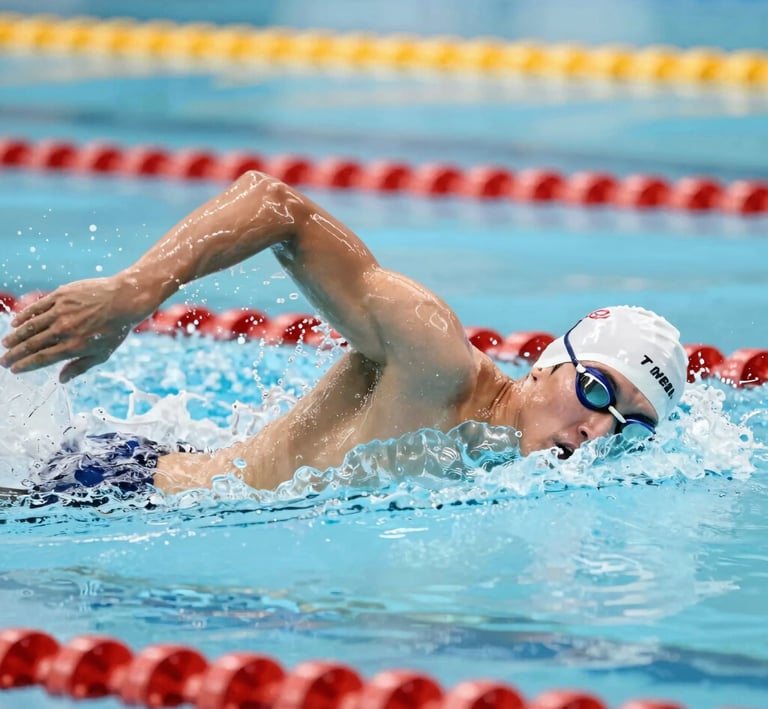 A swimmer cutting through dark water, wearable sensors on wrists and ankles glowing softly underwater.
