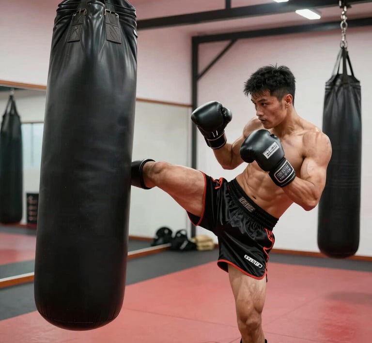 An athlete mid-kickboxing session, sensors visible as they move fluidly in a dark training space.