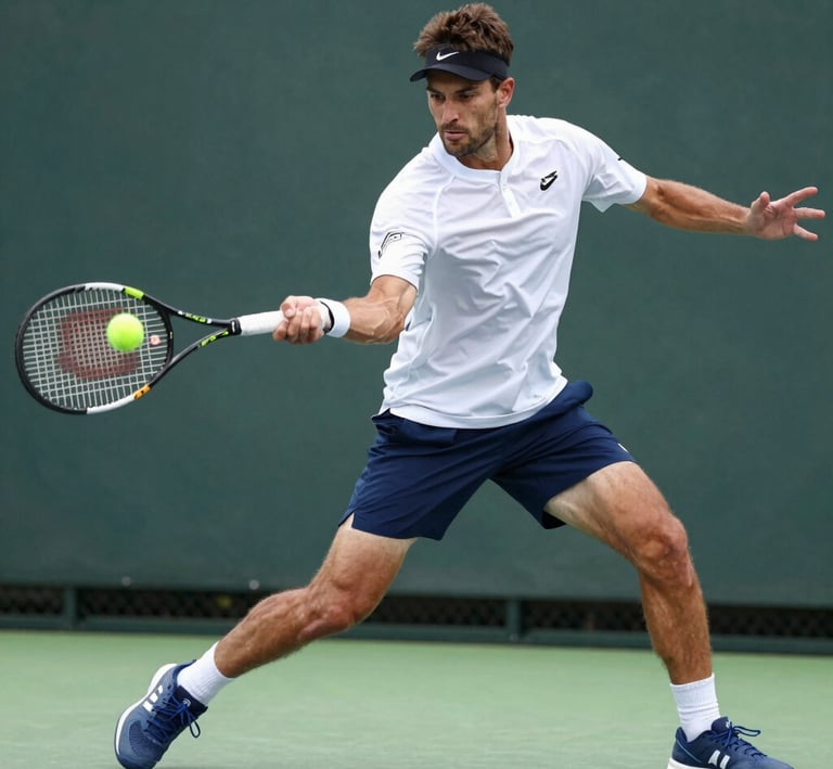 A close-up silhouette of a tennis player swinging, sensors on wrists catching subtle light.