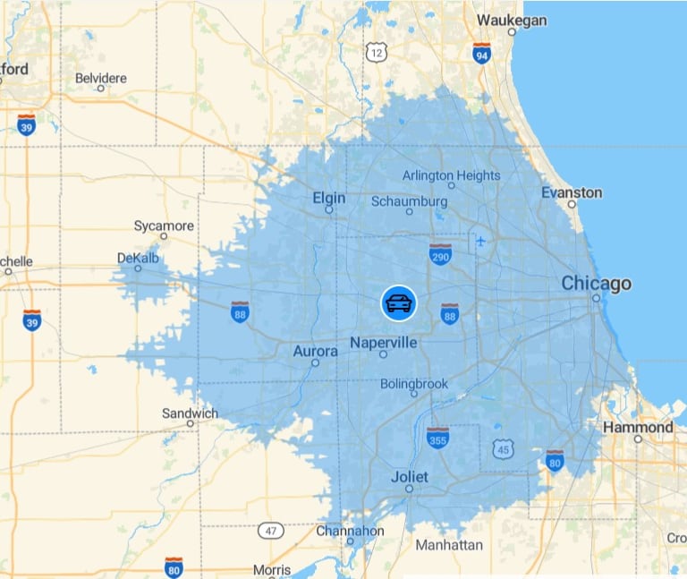 Service area map showing coverage across Chicago, Naperville, and Joliet suburbs.