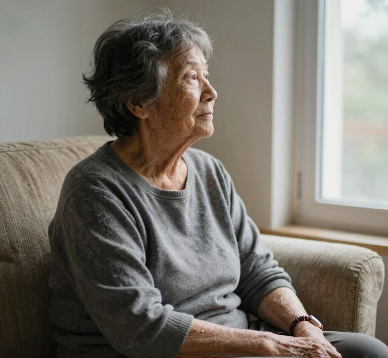 A woman sitting on a sofa, looking thoughtfully out the window, bathed in soft natural light.