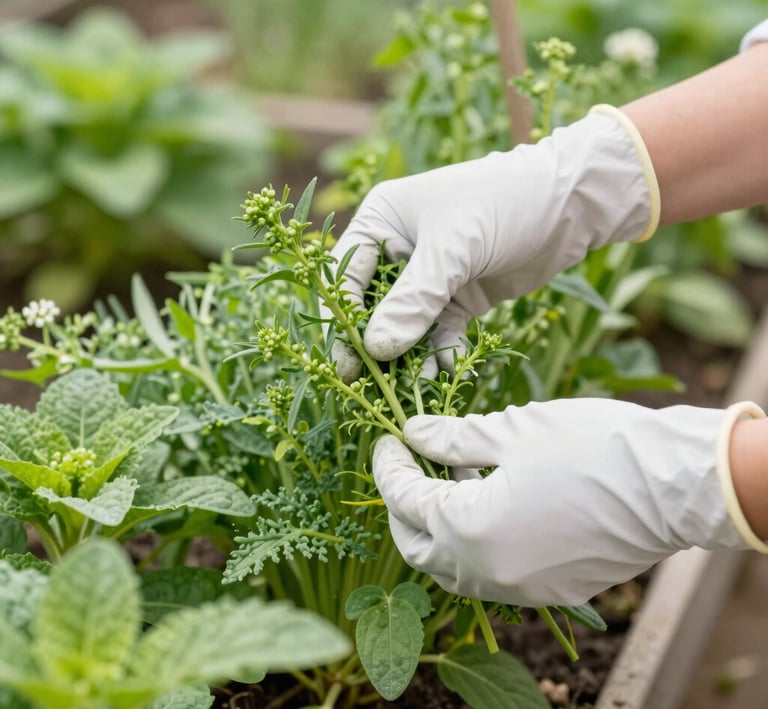 Close-up of hands gently mixing natural herbs and oils in a rustic wooden bowl.