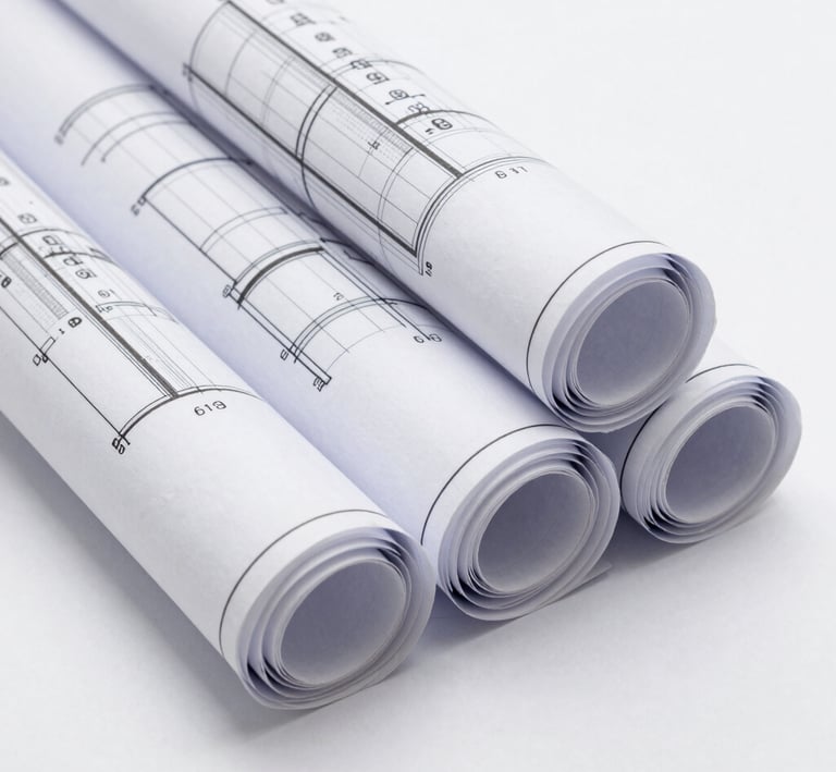 A welcoming office space with blueprints and design sketches spread out on a wooden desk.