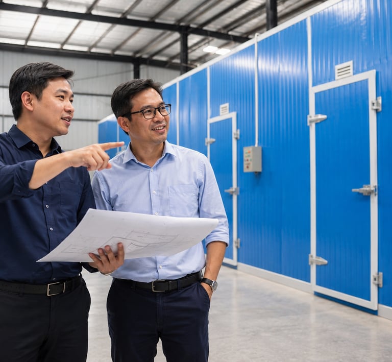Two male engineers discussing technical blueprints inside a modern industrial cold storage warehouse facility.