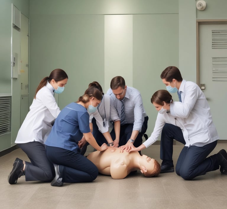 A lively training session where Pedro explains emergency procedures using a mannequin for practice.