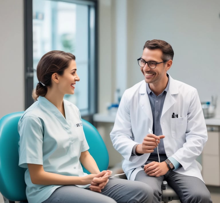 A smiling dental assistant using a tablet showing AI software for patient management.