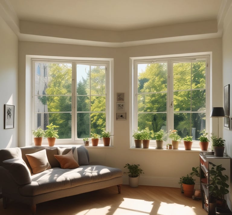 A caregiver helping a resident with mobility exercises in a bright, welcoming living room.