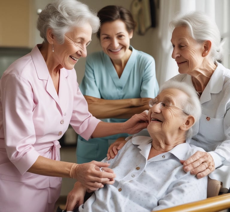 a woman in a white shirt is hugging her mother