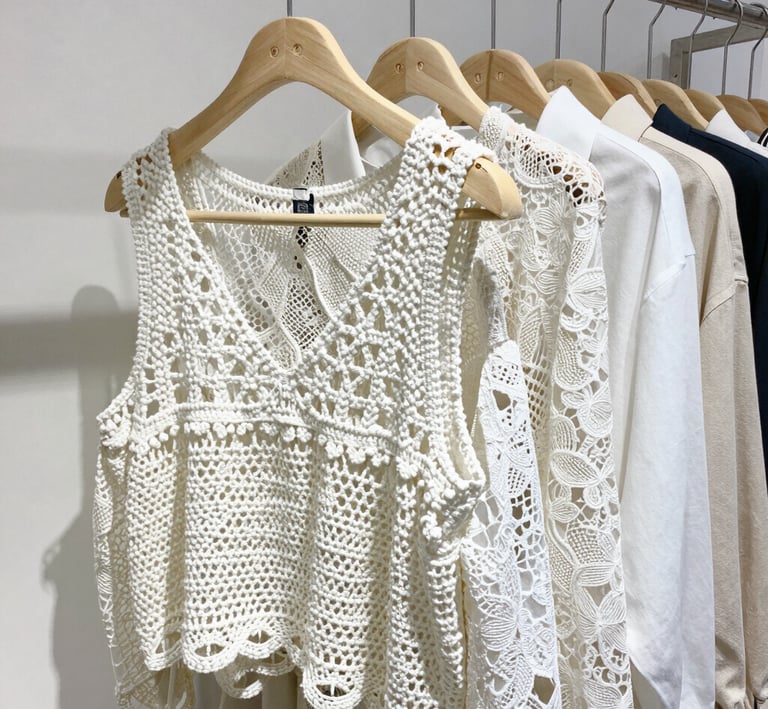 A collection of plus size clothing items displayed on elegant hangers against a beige sand backdrop, emphasizing the brand’s neutral palette.