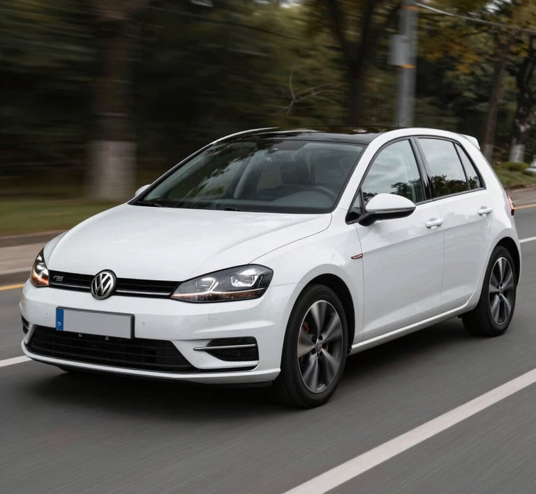 A vibrant red compact car parked near the beach promenade in Golem.