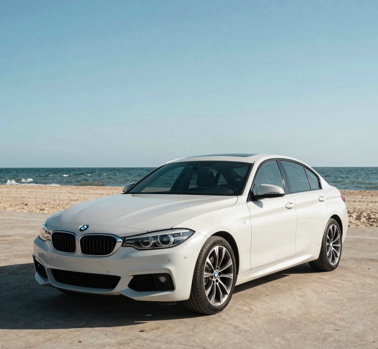 A modern black hatchback gleaming under the afternoon sun on a city street in Golem.