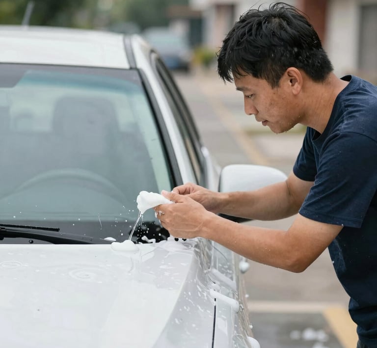 A row of freshly cleaned cars reflecting the warm glow of sunset in the workshop.