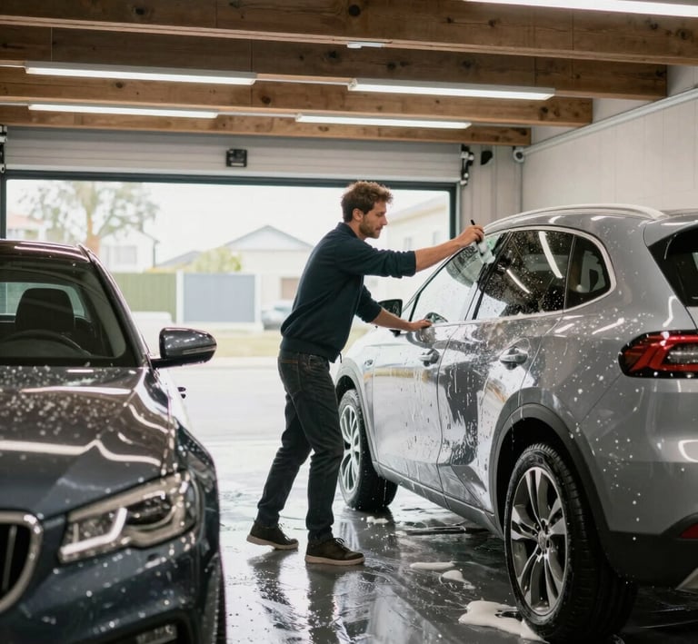 Close-up of a technician carefully polishing a luxury car’s surface to a mirror shine.