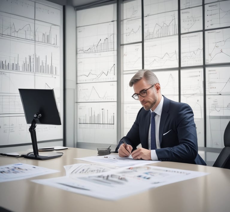A focused business meeting where a team discusses growth strategies using charts and laptops.