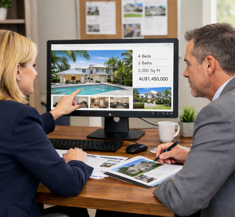 Australian real estate agents reviewing property listings and marketing compliance on desk top computer