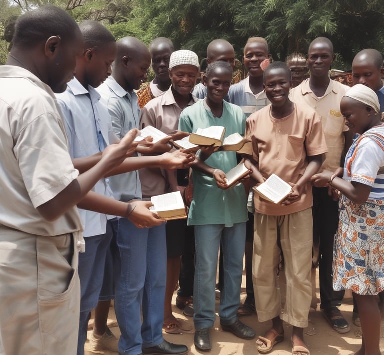 A group of mission team members building a community well under a bright sky.