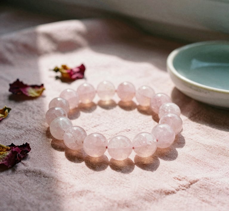 Crystals reflecting soft rainbows on a linen cloth, evoking calm and inner energy.