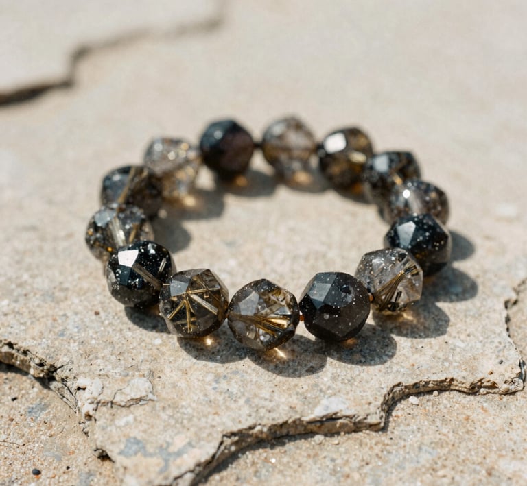 A serene corner with shadows of leaves dancing on a minimalist wooden table, holding a single crystal bracelet.