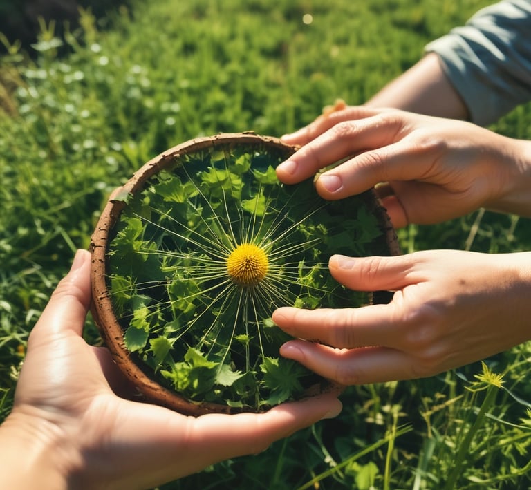 Close-up of spring herbs like nettle and chickweed illustrated with delicate green leaves and tiny flowers.