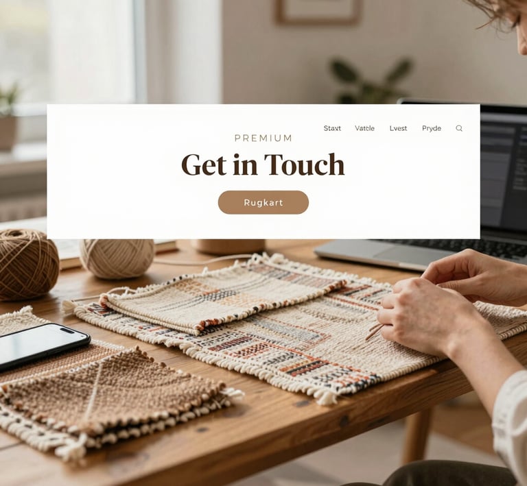 A warm, inviting workspace with a handcrafted carpet and a laptop open to a contact form.