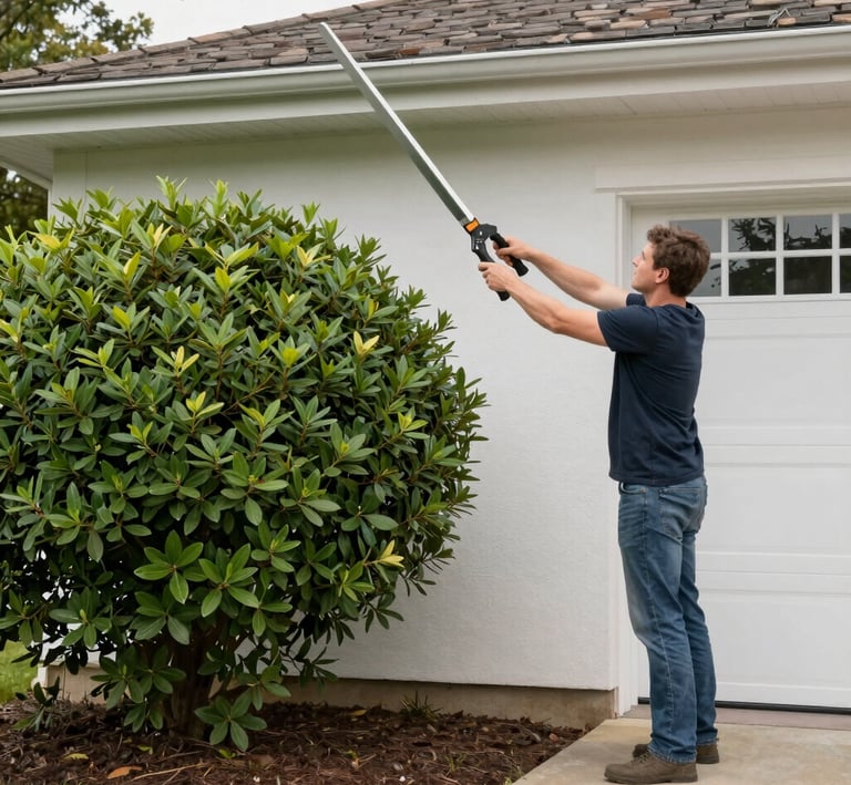 A neatly trimmed lawn with a LawnLift mower parked beside a freshly mulched flower bed.
