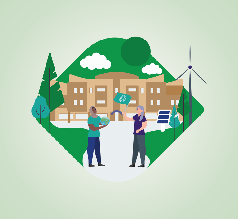  Two people stand in front of a building, with wind turbines visible in the background