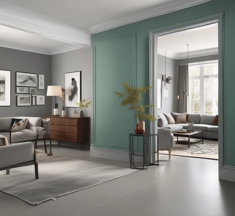 Painter finishing the edges of a colorful interior wall with precision and care.