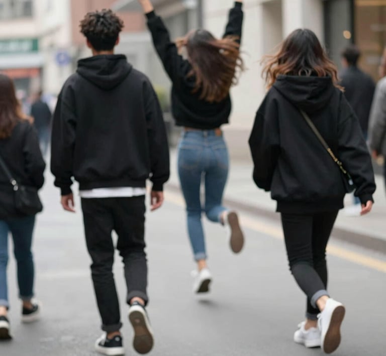 A model walking confidently down a city street wearing clean, contemporary apparel from nexaura.