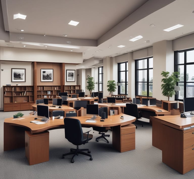 An organized and clean office space with shining desks and clear floors.