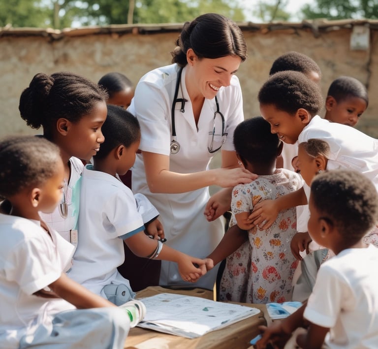 A caring nurse attending to a child in a modest healthcare clinic with soft calligraphy accents.