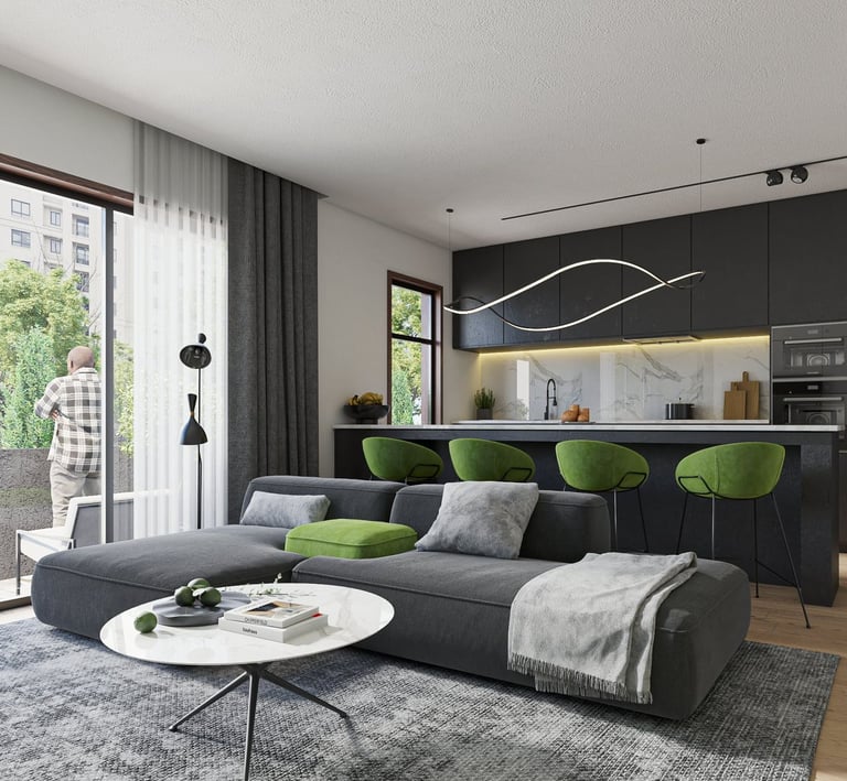 a living room with a couch and a table