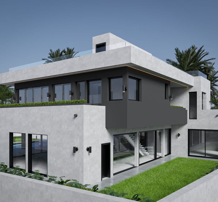 a modern house with a green roof and grass