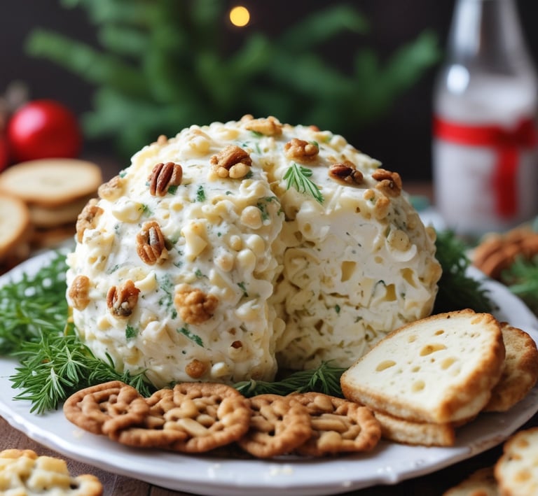 A cheese ball being sliced to reveal the creamy, herb-speckled interior.