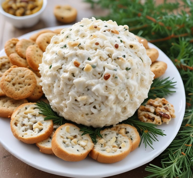 A festive platter featuring multiple cheese balls garnished with rosemary sprigs and cranberries.