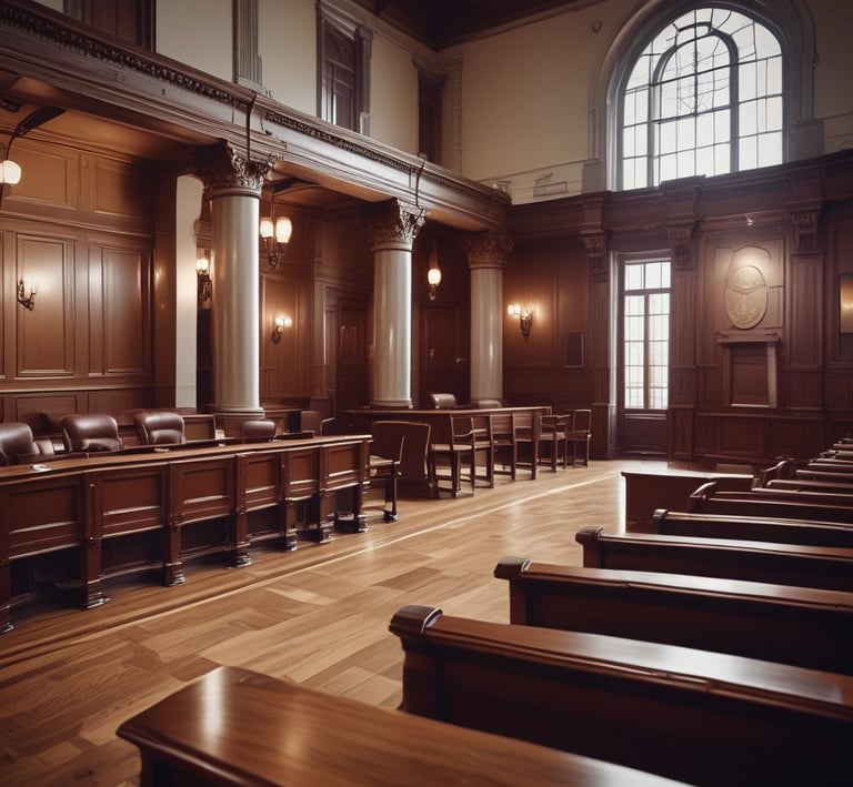 a large room with wooden benches and wooden chairs.