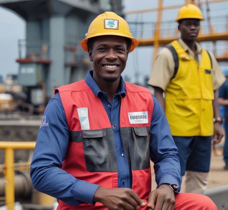 Close-up of workers in safety gear inspecting equipment on an oil platform.