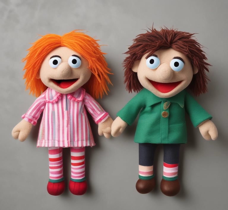 A colorful handmade puppet posed mid-action with expressive features.