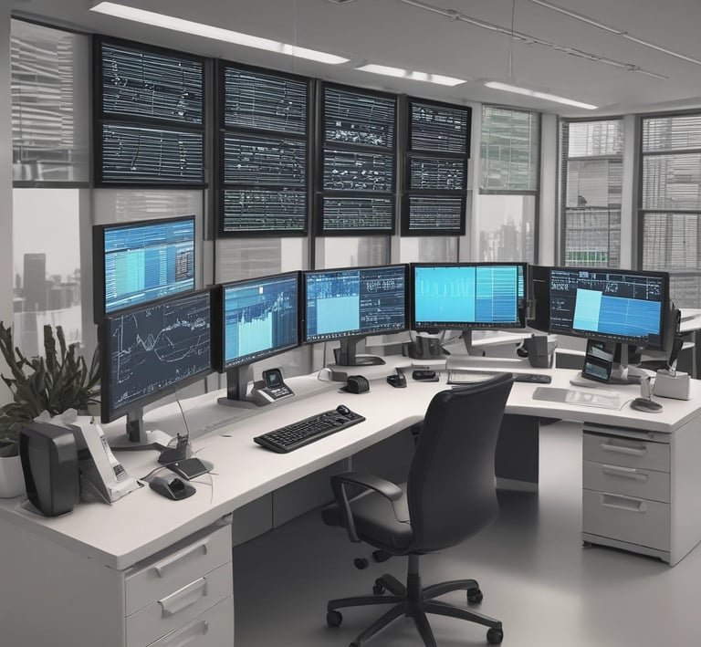 A sleek trading workstation with multiple monitors displaying algorithmic trading charts and data.