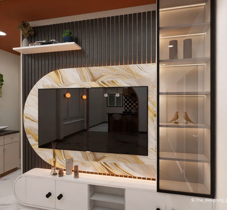 Modern living room entertainment unit with a marble-patterned TV wall panel and sleek display cabinet.