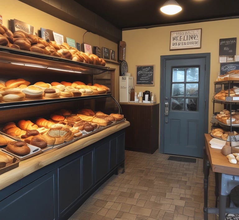 Interior view of La Cueva bakery with warm lighting and shelves filled with fresh bread.
