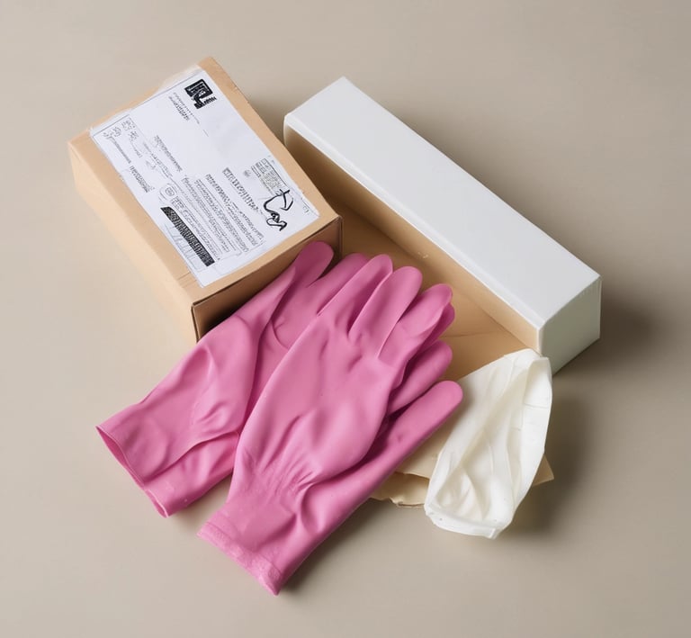 Rows of disposable gloves in various sizes hanging on hooks with clear labels.