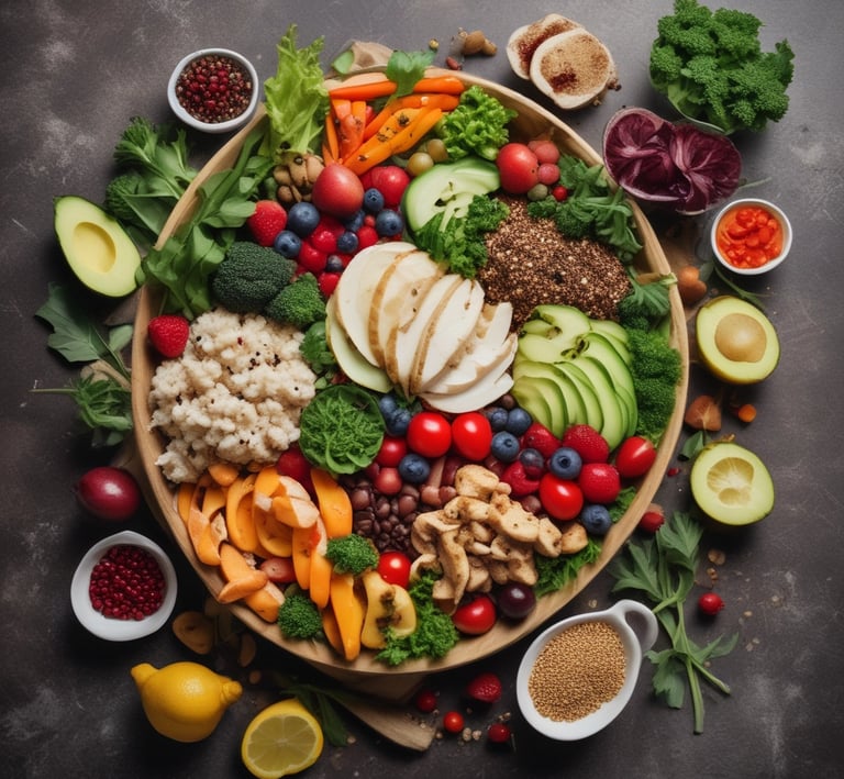 An overhead shot of a kitchen counter with ingredients laid out for a nutritious recipe.