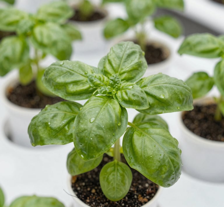 Modern hydroponic setup with various herbs thriving under LED lights.