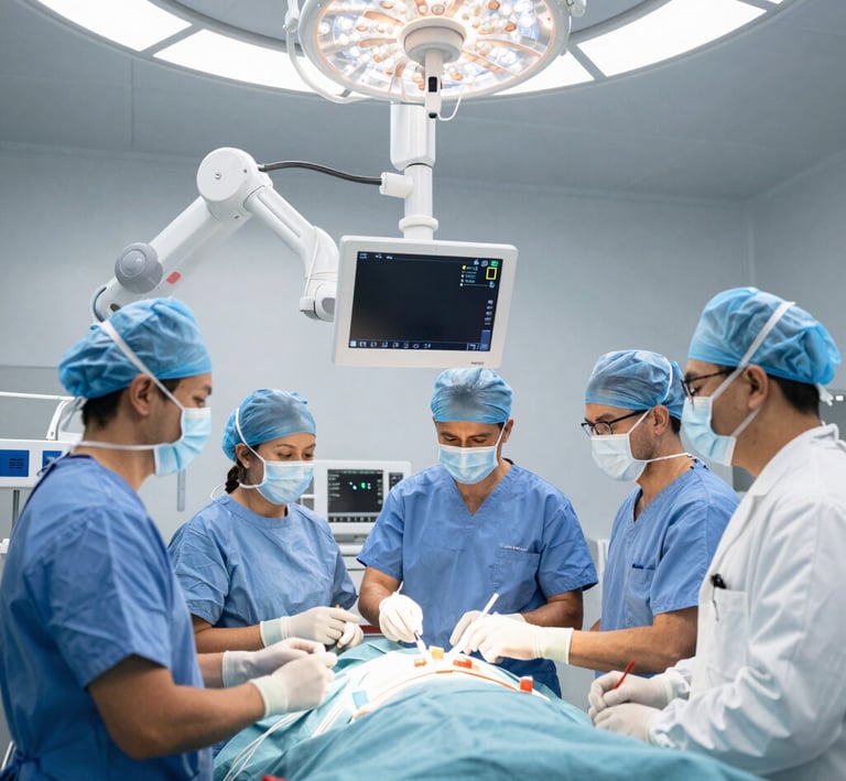 A hospital team collaborating around a digital dashboard displaying AI-driven patient data.