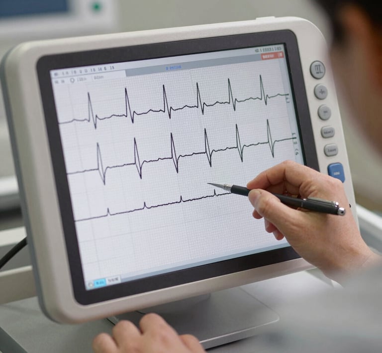 A doctor reviewing synchronized patient records on multiple screens with AI alerts.