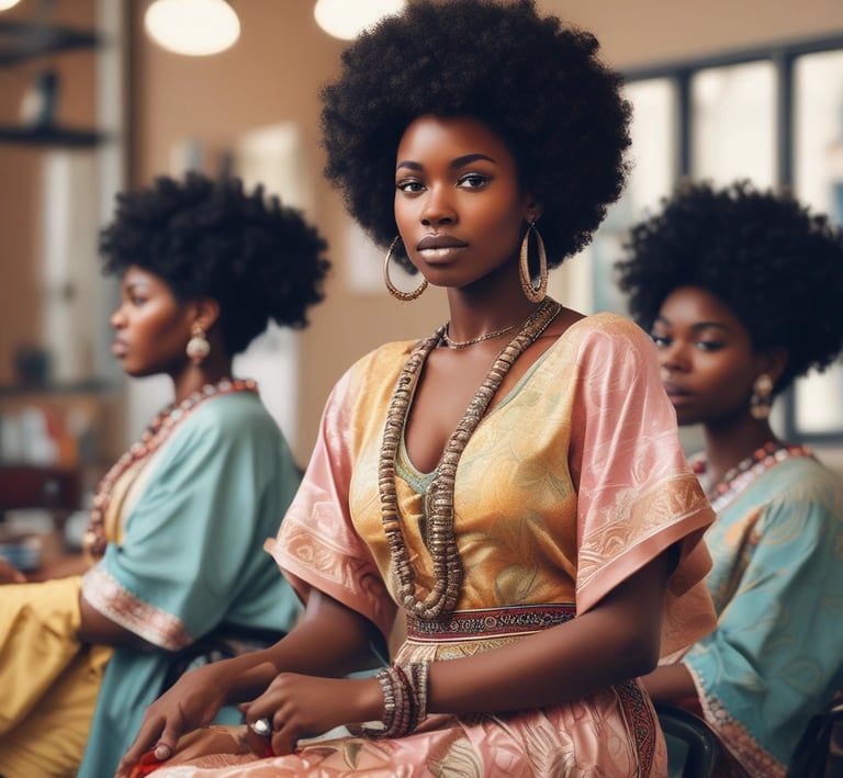 A vibrant scene inside the salon showing joyful clients and stylists sharing smiles and creative energy.
